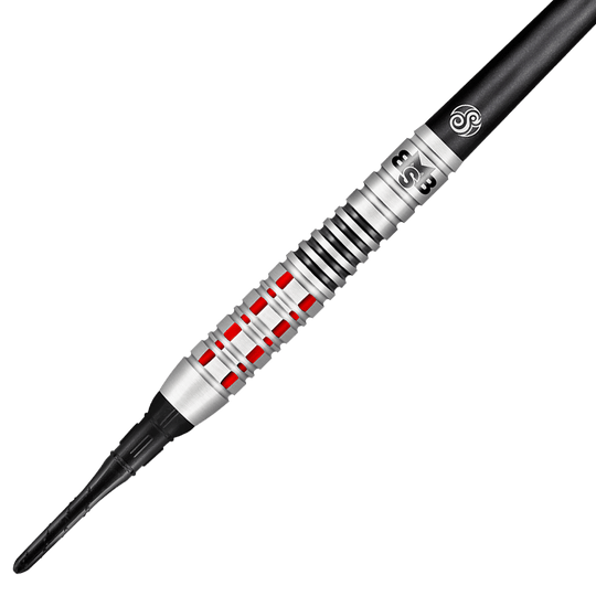 Shoto Michael Smith Believe dardos blandos Das Bild zeigt einen Shot Michael Smith Believe Softdart. Der Dart hat ein silbernes Design mit roten und schwarzen Akzenten.
