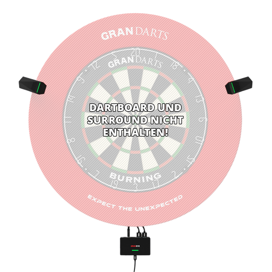 Sistema de puntuación automática de dardos de acero GranDarts Gran Eye GEN2 Das Bild zeigt das GranDarts GranEye Steeldart Auto-Scoring-System mit Kameras und einer Steuereinheit. In der Mitte steht der Hinweis: "Dartboard und Surround nicht enthalten!"