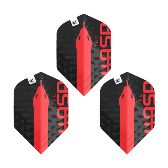 Plumas estándar Target Pro Ultra Nathan Aspinall No2 - 3 juegos Das Bild zeigt drei schwarze Dart-Flights mit einem roten Schlangenkopf und der Aufschrift "THE ASP". Es handelt sich um das Produkt "Target Pro Ultra Nathan Aspinall No2 Standard Flights - 3 Sets".