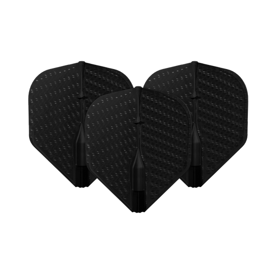 Vuelos estilo L con hoyuelos color champán L1EZ estándar Auf dem Bild sind drei schwarze Dart-Flights mit Dimple-Oberfläche zu sehen. Sie stehen nebeneinander und sind identisch geformt.