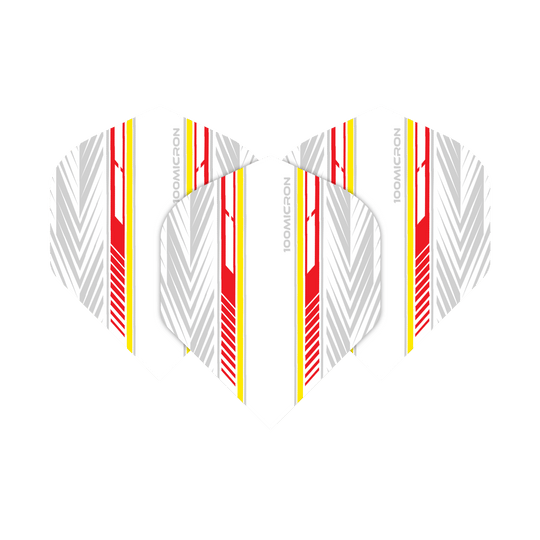 Vuelos de pentatlón blanco/rojo/amarillo Das Bild zeigt die Pentathlon White Red Yellow No2 Standard Flights in einem modernen Design. Die Flights sind weiß mit roten, gelben und grauen Streifen verziert.