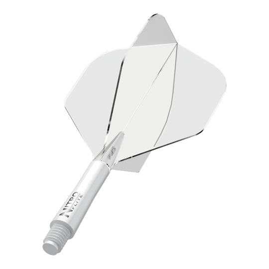 Red Dragon Nitroflite - Eje blanco, plumas transparentes nº 2 Auf dem Bild ist ein weißer Dartpfeil mit klaren Flügeln zu sehen. Auf dem Schaft steht der Schriftzug "NITRO FLITE".