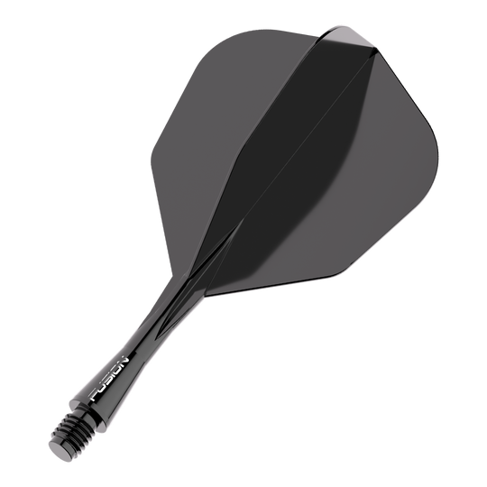 Sistema de eje de vuelo Winmau Fusion n.° 6 negro Das Bild zeigt ein schwarzes Dart Flight-Schaft-System. Es trägt den Schriftzug "FUSION" auf dem Schaft und hat eine glänzende Oberfläche.