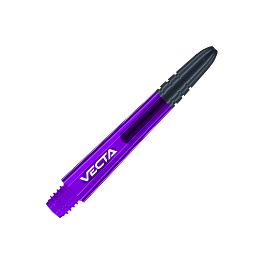 Flechas Winmau Vecta - Morado Negro Das Bild zeigt einen lila und schwarzen Dart-Schaft mit der Aufschrift "VECTA". Der Schaft hat ein glattes, modernes Design und misst 37 mm.