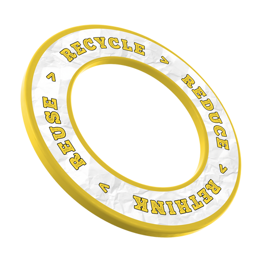 McDart Reciclar Reducir Repensar Reutilizar Marco de dardos Das Bild zeigt das Produkt mit dem Dateinamen MSF-C7_McDart_Recyle_Reuse_Reduce_Rethink_Surround_Gelb_1. Es handelt sich um einen gelben Dartboard-Surround mit Recycling-Motiv.