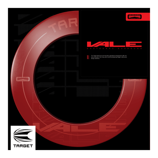 Marco para tablero de dardos Target VALE Das Bild zeigt das Produkt "Target VALE Dartboard Surround" in einem auffälligen roten Design. Es wurde speziell entwickelt, um den bestmöglichen Schutz für Wände beim Dartspiel zu bieten.