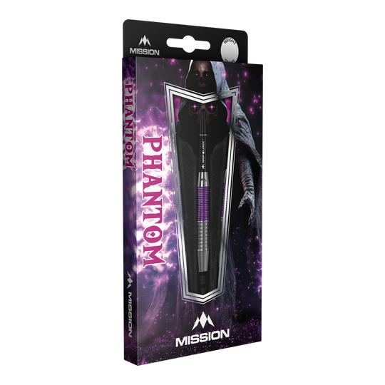 Dardos blandos Mission Phantom de latón - 18 g Die Abbildung zeigt die Mission Phantom Brass Softdarts mit einem Gewicht von 18g. Die Verpackung ist lila-schwarz gestaltet und zeigt einen mystischen Phantom-Charakter.