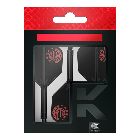 Target Japan K-Flex Logotipo original Rojo Negro No6 Sistema de eje de vuelo Das Bild zeigt die Verpackung des Produkts "Target Japan K-Flex Original Logo Red Black No6 Flight-Shaft-System". Die Verpackung ist schwarz mit roten Akzenten und dem Target-Logo sichtbar.