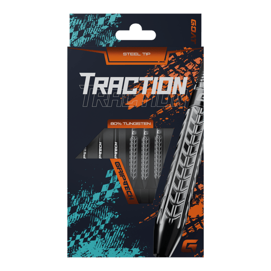 Dardos de acero de tungsteno con tracción GOAT Die Abbildung zeigt die Verpackung der "GOAT Traction Tungsten Steeldarts" mit Stahlspitzen. Auf der Vorderseite ist das auffällige Design und der Hinweis auf 80% Tungsten sowie GRIPTECH deutlich sichtbar.