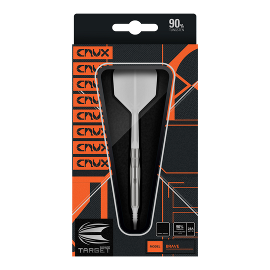 Dardos blandos Target Japan Crux Brave - 18,5 g Das Bild zeigt die Verpackung des Produkts "Target Japan Crux Brave Softdarts - 18,5g". Der Dartpfeil ist gut sichtbar in einer schwarzen und orangefarbenen Box präsentiert.