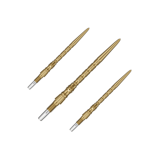 Ein Set von Target SwissPoint Signature TRB Dartspitzen in Gold mit 35mm Länge wird gezeigt. Die Dartspitzen sind zusammen abgebildet.