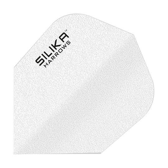 Plumas No6 blancas con revestimiento cristalino resistente sólido de sílice Harrows Das Bild zeigt ein weißes Dart-Flight mit der Aufschrift "SILIKA HARROWS". Es hat eine strukturierte Oberfläche und gehört zur Produktreihe "Silika Solid Tough Crystalline Coating White No6 Flights".