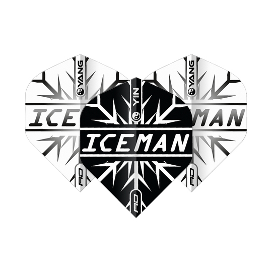 Vuelos estándar Red Dragon Gerwyn Price Iceman Black White Yin Yang Das Bild zeigt Dart-Flights in einem Yin-Yang-Design in Schwarz und Weiß mit dem Schriftzug "ICEMAN" in der Mitte. Das Muster erinnert an Eiskristalle und trägt das Markenlogo "Red Dragon".