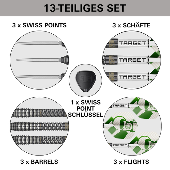 Dardos de acero Target Charlie Manby Swiss Points Das Bild zeigt die Target Charlie Manby Swiss Points Steeldarts. Sie eignen sich für professionelle Dartspieler.