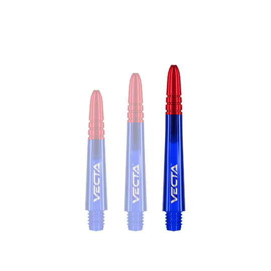 Flechas Winmau Vecta - Azul Rojo Das Bild zeigt drei Dartschäfte in den Farben Blau und Rot. Auf jedem Schaft steht der Schriftzug „VECTA“.