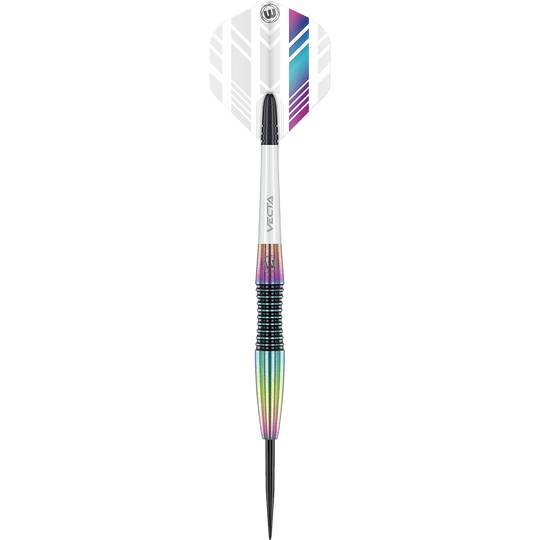 1451_Winmau_Elektra_Steeldarts_1k37Ld7xdjK6ib Das Bild zeigt einen Winmau Elektra Steeldartpfeil. Der Dart hat ein bunt-schimmerndes Barrel und einen weißen Flight mit violetten und blauen Streifen.