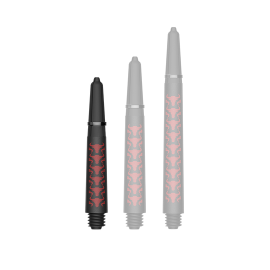 Ejes de carbono Bulls NL Capo - Rojo Zu sehen ist ein Dartzubehör, speziell eine Capo Carbon Shaft in Rot und kurzer Ausführung mit 34mm Länge. Das Produkt dient vermutlich als Teil eines Dartpfeils.