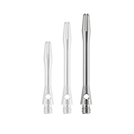 HR371_Harrows_Keramic_Shafts_Gun_Metal_47mm_1vpsXv4za7X8VV Das Bild zeigt drei Harrows Keramic Shafts in der Farbe Gun Metal. Die Dartschäfte sind in unterschiedlichen Längen angeordnet.