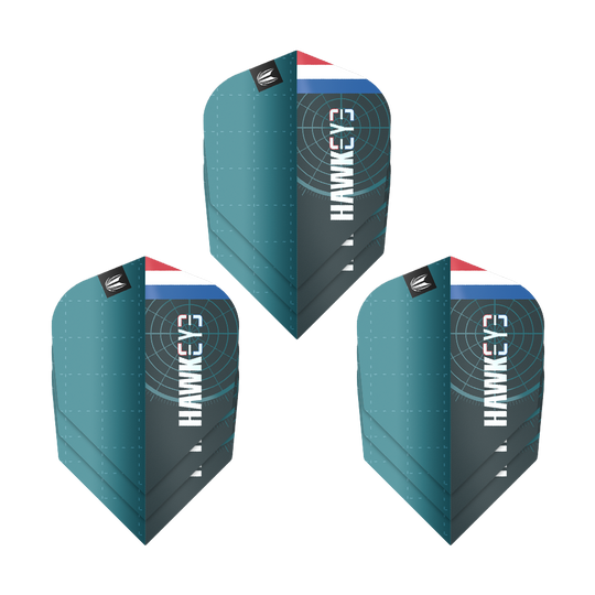 Vuelos Target Pro Ultra Kevin Doets GEN1 No6 - 3 juegos Das Bild zeigt drei Sätze der Target Pro Ultra Kevin Doets GEN1 No6 Flights. Die Flights sind blau-grün und haben das Wort "Hawkeye" sowie ein Target-Design und eine kleine Flagge.