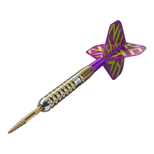 Dardos de acero Target Luke Littler GEN1 Prodigy Swiss Point Das Bild zeigt einen Target Luke Littler GEN1 Prodigy Swiss Point Steeldart. Der Dart hat einen gold-silbernen Schaft und lila Flights mit gelbem Muster.