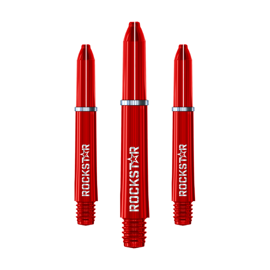 Varillas de nailon Winmau Joe Cullen Rockstar Auf dem Bild sind drei rote Nylon-Dartschäfte mit der Aufschrift "ROCKSTAR" zu sehen. Sie haben silberne Ringe und sind nebeneinander angeordnet.