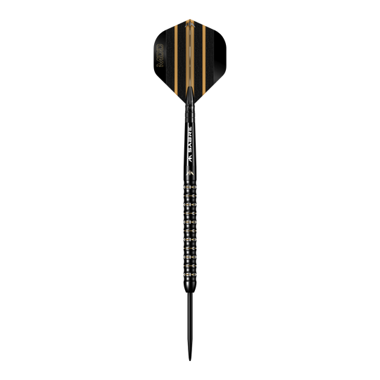 Misión Mike De Decker MDD Black Gold Steeldarts Das Bild zeigt einen schwarzen Steeldart mit goldenen Akzenten aus der Serie "Mission Mike De Decker MDD Black Gold". Der Dart hat ein modernes Design mit fein geriffeltem Griff und einer schwarz-goldenen Flight.