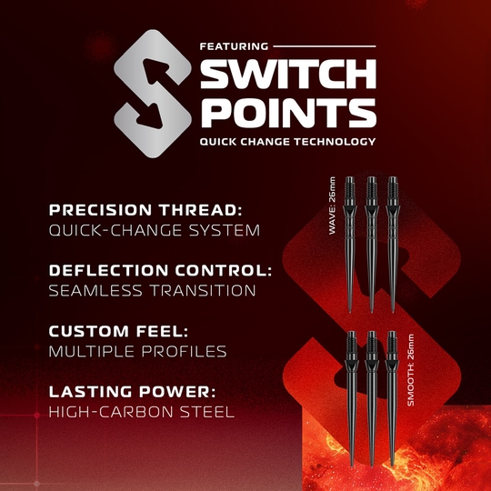 Punta de conmutación paralela Winmau Fornax Steeldarts Winmau Fornax Parallel Switch Point Steeldarts sind auf dem Bild zu sehen. Es handelt sich um hochwertige Steeldarts für den professionellen Einsatz.