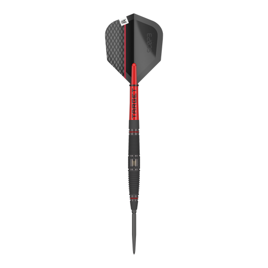 Dardos de acero Target Scope 04 Swiss Point Dies ist der Target Scope 04 Swiss Point Steeldart. Er hat ein modernes Design mit schwarzen und roten Akzenten.