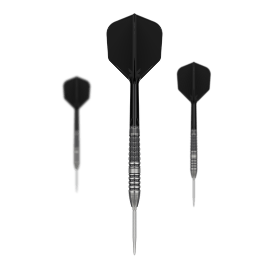 Dardos de acero Target Japan Black Marque Lumiere GEN3 Das Bild zeigt drei Steeldarts mit schwarzen Flights und silbernen Spitzen. Es handelt sich um das Produkt "Target Japan Black Marque Lumiere GEN3 Steeldarts".