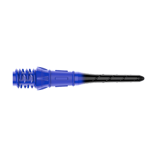 Puntas de dardos degradadas Lippoint Premium estilo L (paquete de 30) Die Abbildung zeigt eine Dartspitze in den Farben Blau und Schwarz. Sie hat ein Schraubgewinde auf der linken Seite und läuft nach rechts spitz zu.