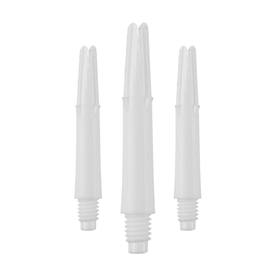 Ejes en L estilo L bloqueados rectos - Blanco Auf dem Bild sind drei weiße, gerade Dartschäfte ohne Kappen zu sehen. Sie sind nebeneinander in aufrechter Position angeordnet.