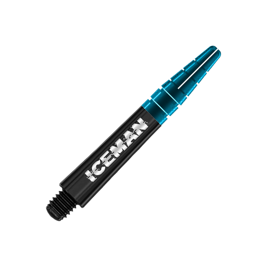 C636_Red_Dragon_Nitrotech_Gerwyn_Price_Shafts_Black_36mm_2dcLzGq1val0Qn Das Bild zeigt den Red Dragon Nitrotech Gerwyn Price Black Shaft. Der Schaft ist schwarz mit der Aufschrift "ICEMAN" und hat ein blaues, durchsichtiges Ende.
