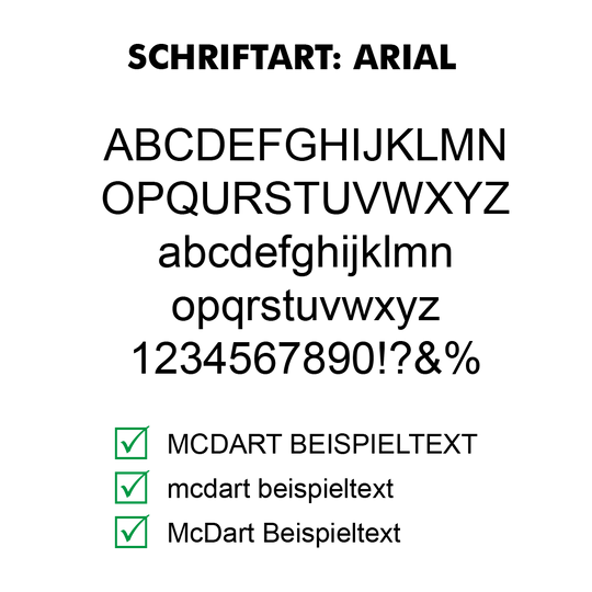 Flightdruck_Schriftart_Arial Schriftmuster eines Dart-Flights im Arial-Stil. Schwarzer Text auf weißem Flight sichtbar.