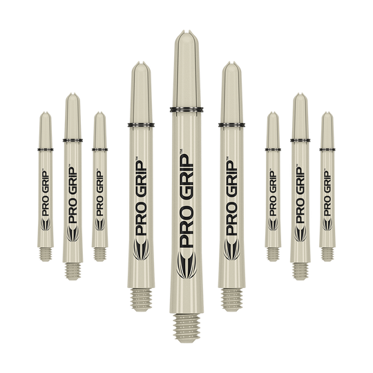 Das Bild zeigt neun beige Dartschäfte mit der Aufschrift "PRO GRIP". Sie sind in drei Reihen angeordnet und haben am Ende ein Schraubgewinde.