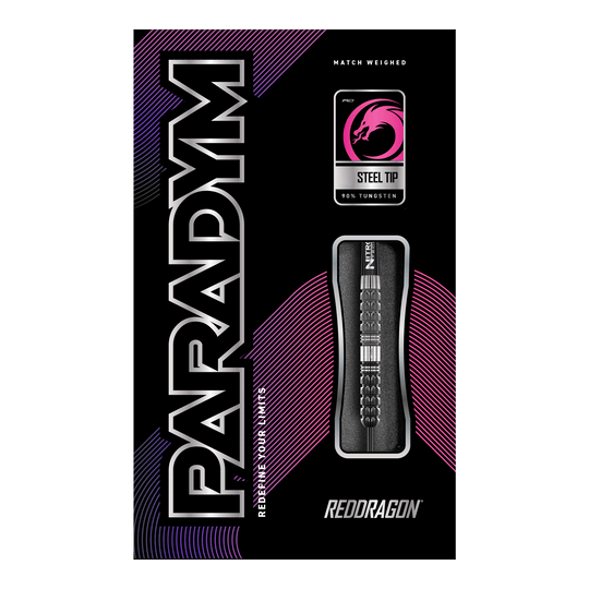 Dardos de acero cónicos Red Dragon Paradym Die Abbildung zeigt die Verpackung der "Red Dragon Paradym Tapered Steeldarts". Auf der Packung sind die Begriffe "Steel Tip", "90% Tungsten" und das Red Dragon Logo zu sehen.