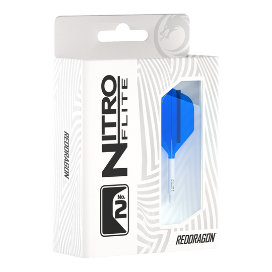 Red Dragon Nitroflite - Eje blanco, vuelos azules nº 2 Die Abbildung zeigt eine Packung Red Dragon Nitroflite mit einem weißen Schaft und blauen No2-Flights. Die Verpackung ist überwiegend weiß mit einem Sichtfenster, durch das der blaue Flight zu sehen ist.