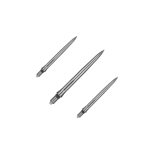 Puntas de dardo Caliburn EZ-EVO - Lisas - Plateadas Das Bild zeigt ein Set aus glatten silbernen Dartspitzen. Die Spitzen sind ordentlich nebeneinander angeordnet.