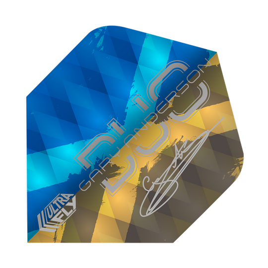 Vuelos Unicorn Ultrafly 100 Gary Anderson Duo Plus Das Bild zeigt ein Dart-Flight der Marke Unicorn Ultrafly 100 Gary Anderson Duo Plus. Das Flight hat ein Muster in Blau, Gelb und Braun und trägt die Unterschrift von Gary Anderson.