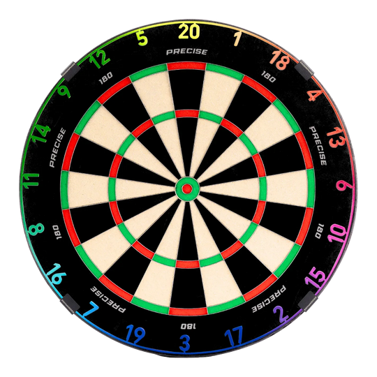 Diana de dardos de acero Endorphine 180 de precisión con aro numérico - Spectrum Zu sehen ist das Precise 180 Endorphine Steeldartboard mit Nummernring – Spectrum. Das Dartboard ist frontal abgebildet.