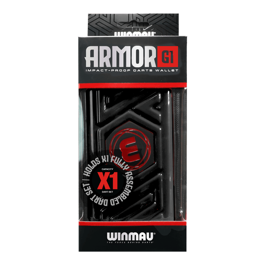 Cartera para dardos Winmau Armor G1 Das Bild zeigt eine schwarze Darttasche von Winmau mit dem Namen "Armor G1". Die Verpackung betont, dass sie stoßfest ist und ein vollständig montiertes Dart-Set aufnehmen kann.