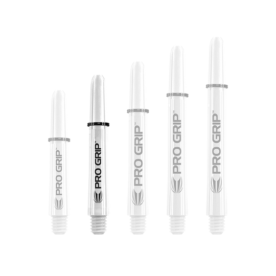 Varillas Target Pro Grip - 3 juegos - Color blanco Auf dem Bild sind fünf weiße Dart-Schäfte in verschiedenen Längen zu sehen. Sie tragen alle die Aufschrift "PRO GRIP".