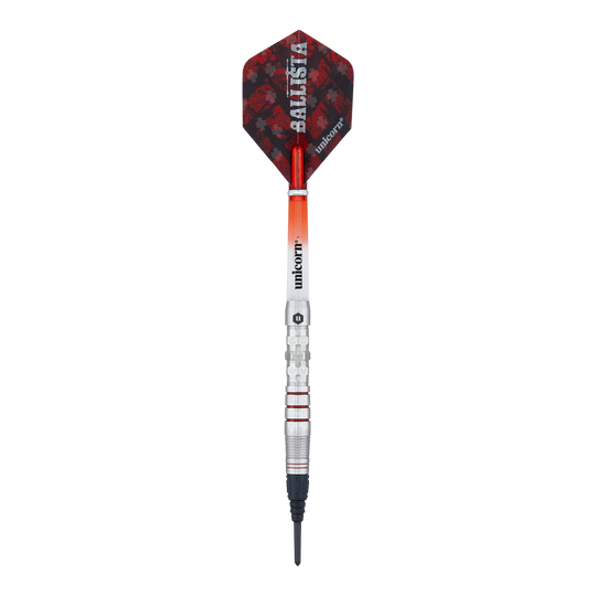 Dardos suaves estilo Ballista Unicorn 3 Das Bild zeigt einen Softdart der Marke "Unicorn Ballista Style 3". Der Dart hat eine silberne Spitze, ein rot-schwarzes Flight und einen metallischen Schaft mit roten Akzenten.