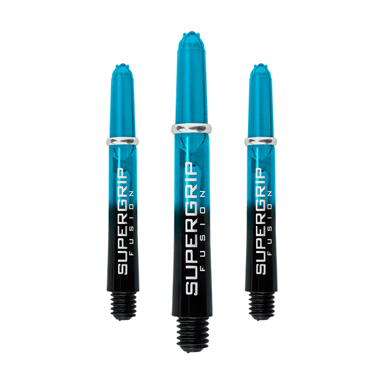 Das Bild zeigt drei Harrows Supergrip Fusion Shafts in der Farbe Aqua. Sie sind länglich und haben ein modernes, transparentes Design mit schwarzem unteren Teil.