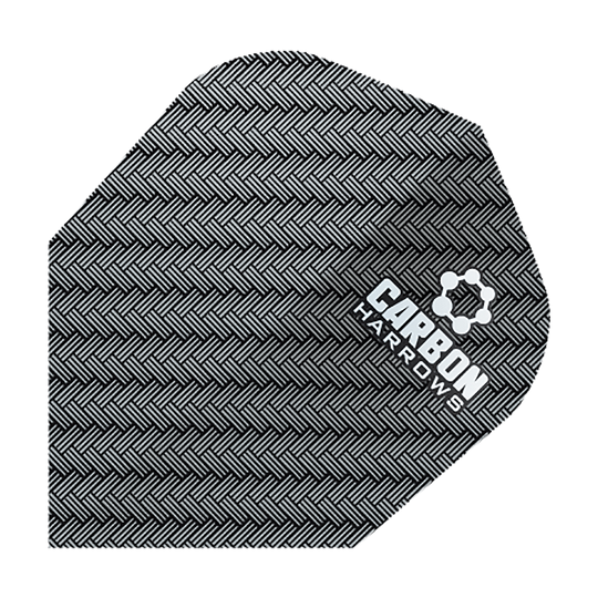 HR51_Harows_Carbon_No6_Flights_Grau_1 Das Bild zeigt das Produkt "Harrows Carbon Flights HR51". Es hat ein schwarz-graues Karbonmuster mit weißem Logoaufdruck.