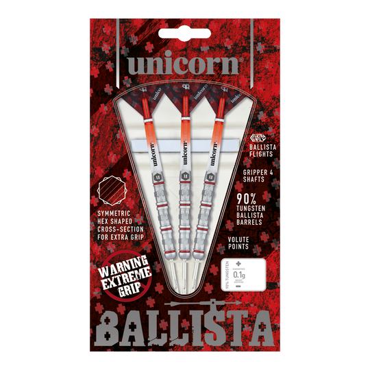 Dardos de acero estilo Ballista Unicorn 4 Auf dem Bild ist das Produkt "Unicorn Ballista Style 4 Steeldarts" zu sehen. Die Verpackung zeigt drei Steeldarts mit auffälligem Design und betont ihre hohe Griffigkeit und den 90%igen Wolframanteil.