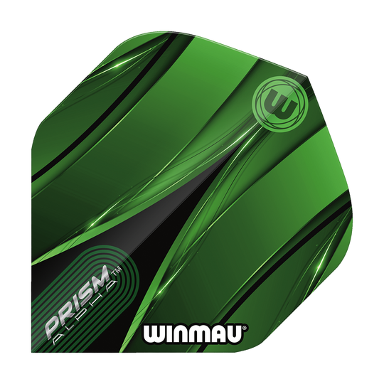 Vuelos estándar Winmau Alpha Sniper Green Das Bild zeigt ein Winmau Alpha Sniper Green Standard Flight für Darts. Das Flight ist überwiegend grün mit schwarzen und weißen Designelementen und trägt die Aufschriften "PRISM ALPHA" und "WINMAU".