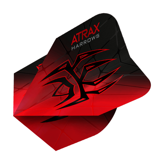 Vuelos Harrow's Atrax Prime No6 Das Bild zeigt das Produkt "Harrows Atrax Prime No6 Flights". Die Dartflight ist rot und schwarz mit einem markanten, grafischen Muster und dem Schriftzug "ATRAX HARROWS".