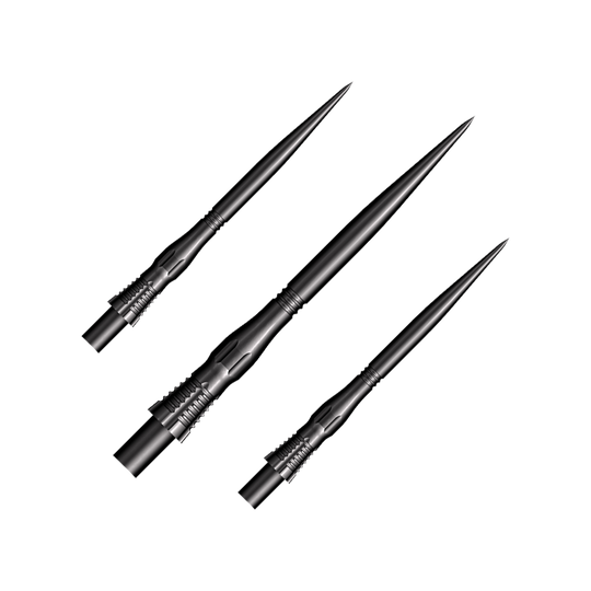 Puntas de dardos Shot Cone Scallop de acero - Negras - 35 mm Das Bild zeigt drei schwarze Steeldart-Spitzen des Modells "Shot Cone Scallop" mit einer Länge von 35 mm. Sie sind lang, schmal und haben ein markantes, geriffeltes Design am Schaft.