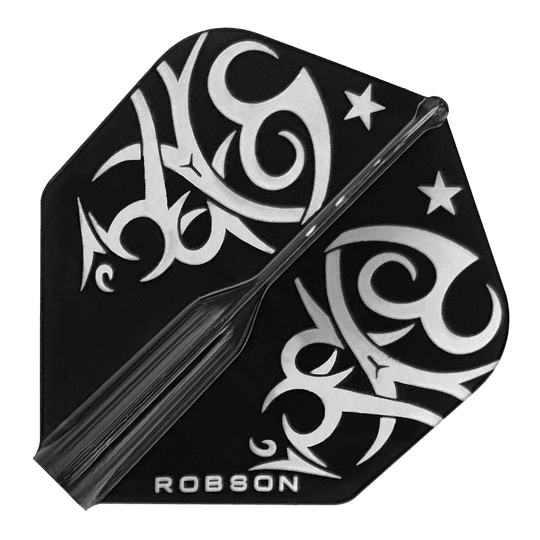 Robson Plus Tribe Standard Flights Das Bild zeigt ein Dart-Flight namens "Robson Plus Tribe Standard Flights". Das Flight ist schwarz mit weißen, tribalen Mustern und Sternen verziert.