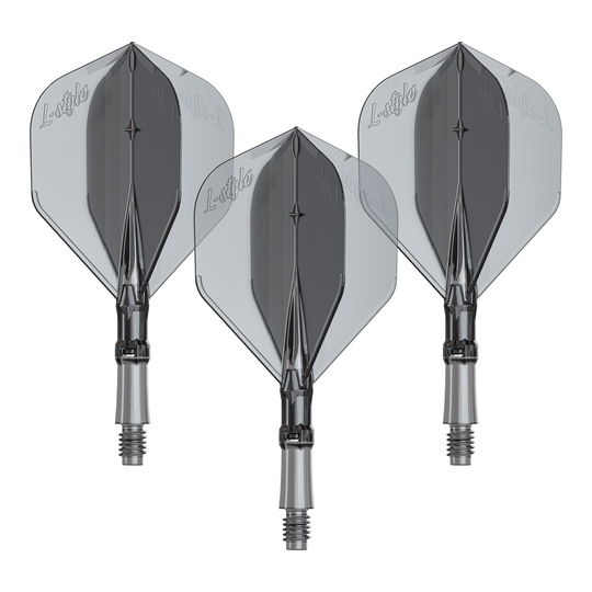 Vuelos L-Style L-System - Negro transparente Das Bild zeigt ein Produkt mit dem Namen LS1062_LStyle_L-System_Flights_ClearBlack_Small_190_1Set. Es handelt sich um ein Dartzubehör.